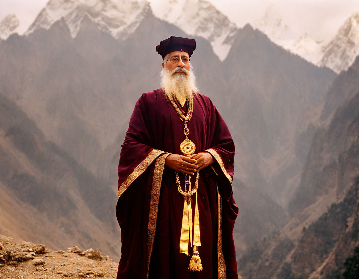 Person in Traditional Robes and Cap with Mountain Backdrop