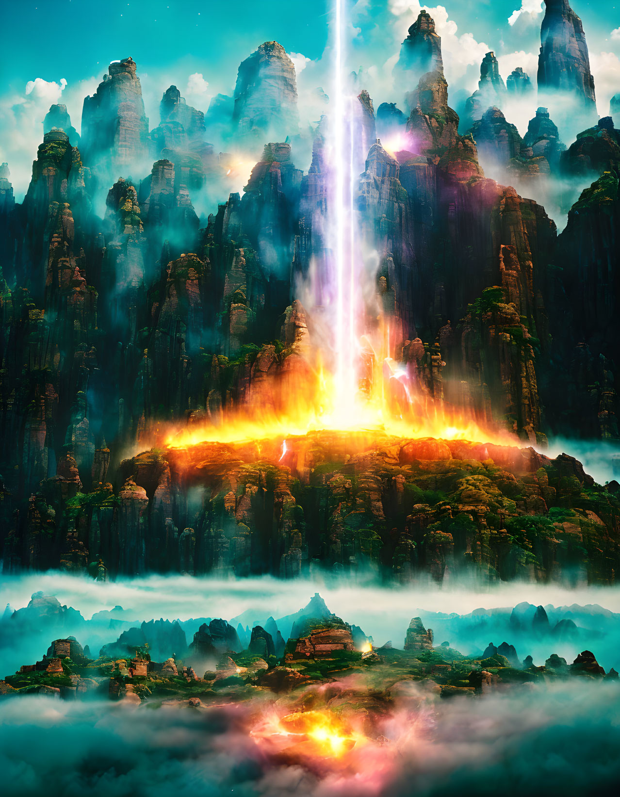 Majestic rock formations in mystical landscape with beams of light