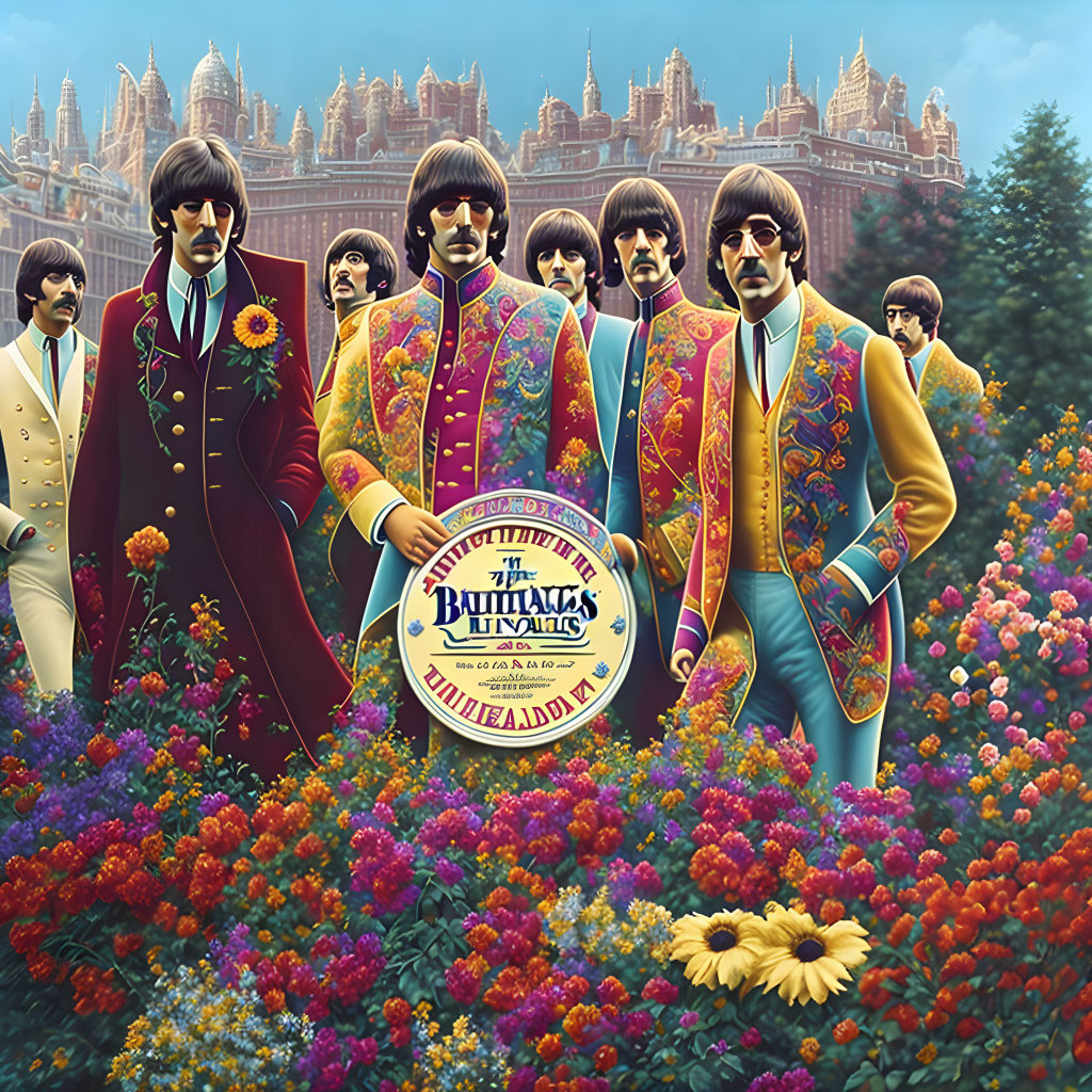 Colorful Band in Psychedelic Suits Among Flowerbed and Gothic Building