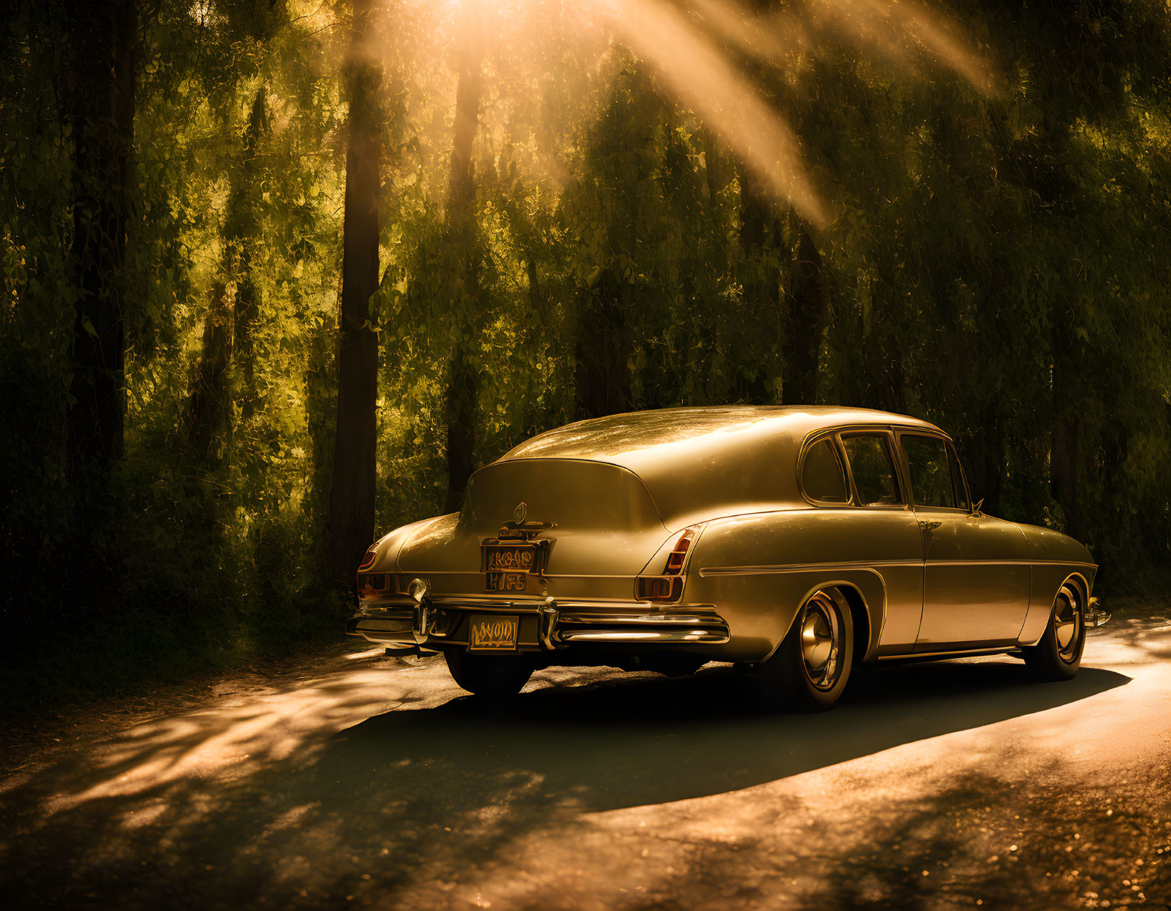 Vintage Car Parked on Forest Road with Sunlight Streaming Through Trees