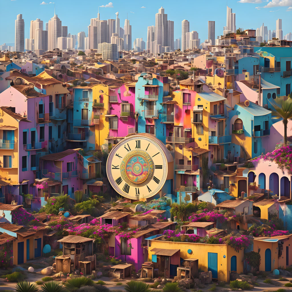 Colorful houses and ornate clock in vibrant town with modern city skyline.