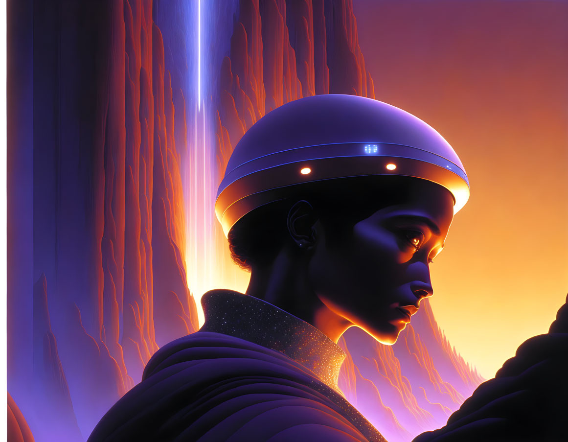 Profile view of person in futuristic helmet with glowing cliffs and waterfall