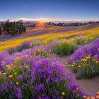 Vibrant purple and yellow wildflowers in sunset landscape