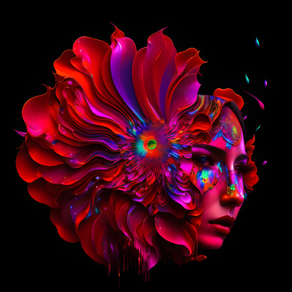 Surreal Face with Luminous Flower and Colorful Patterns