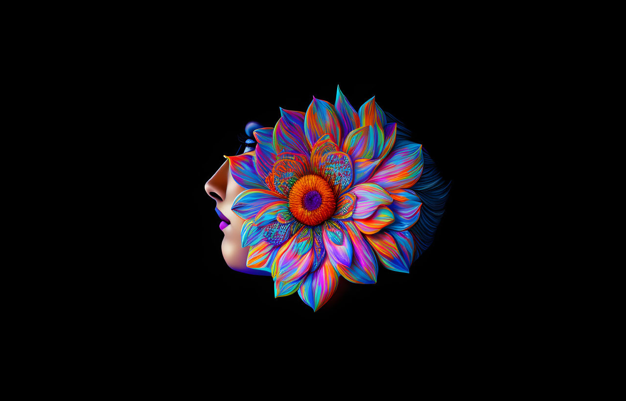 Surreal Illustration of Woman's Face and Colorful Flower