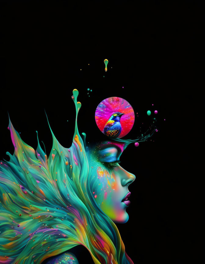 Colorful digital artwork: Woman with splash-like hair and celestial body on black background