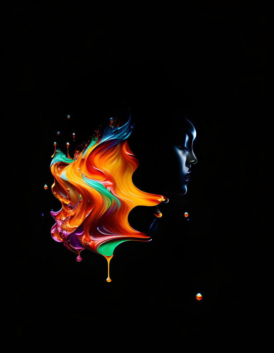 Face profile silhouette with vibrant multicolored paint hair on black background