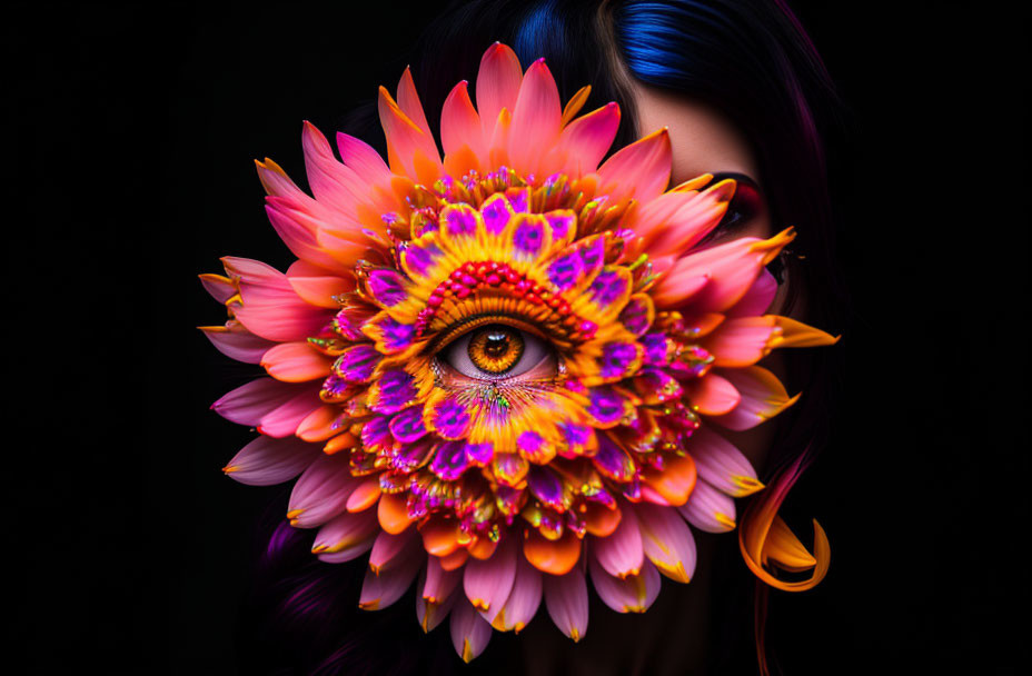 Orange and pink flower blending with woman's eye on dark background