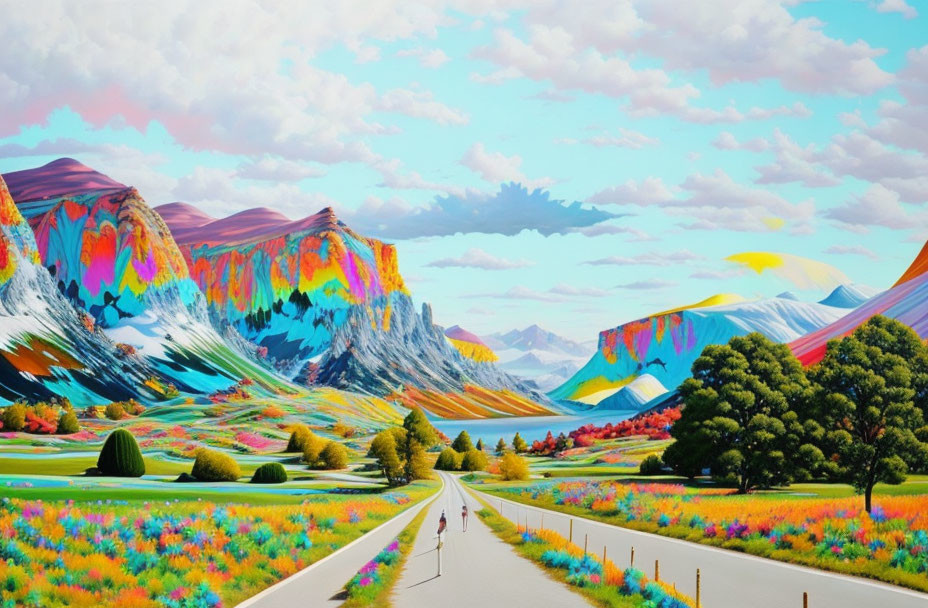 Colorful surreal landscape with multicolored mountains and figure walking on road