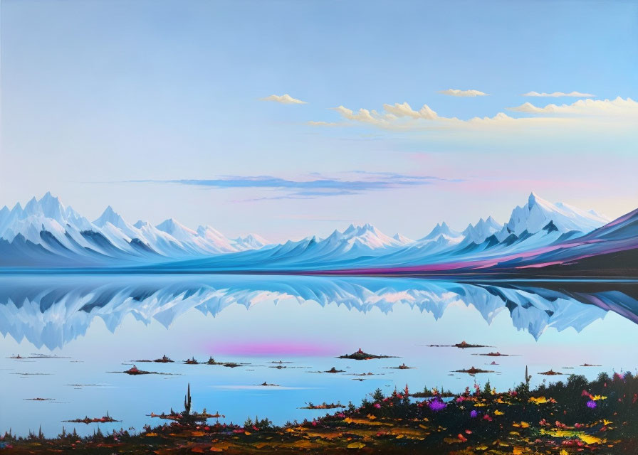 Tranquil landscape: blue lake, snowy peaks, pastel sky, wildflowers.