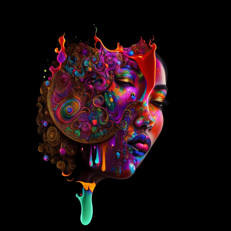 Colorful Abstract Digital Artwork: Woman's Face Blending with Melting Patterns