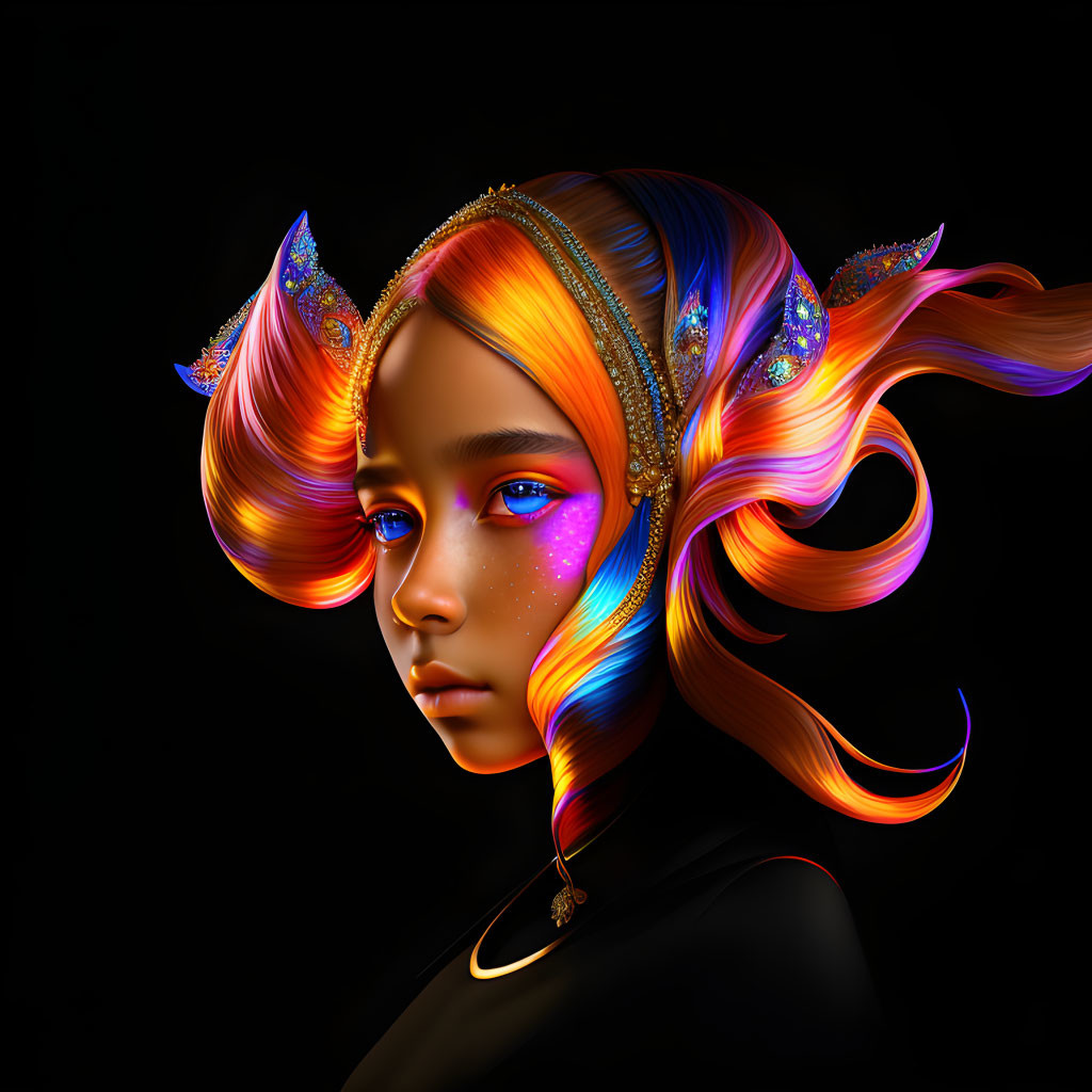 Fantasy-themed digital art: girl with fiery multicolored hair and gold jewelry on dark background