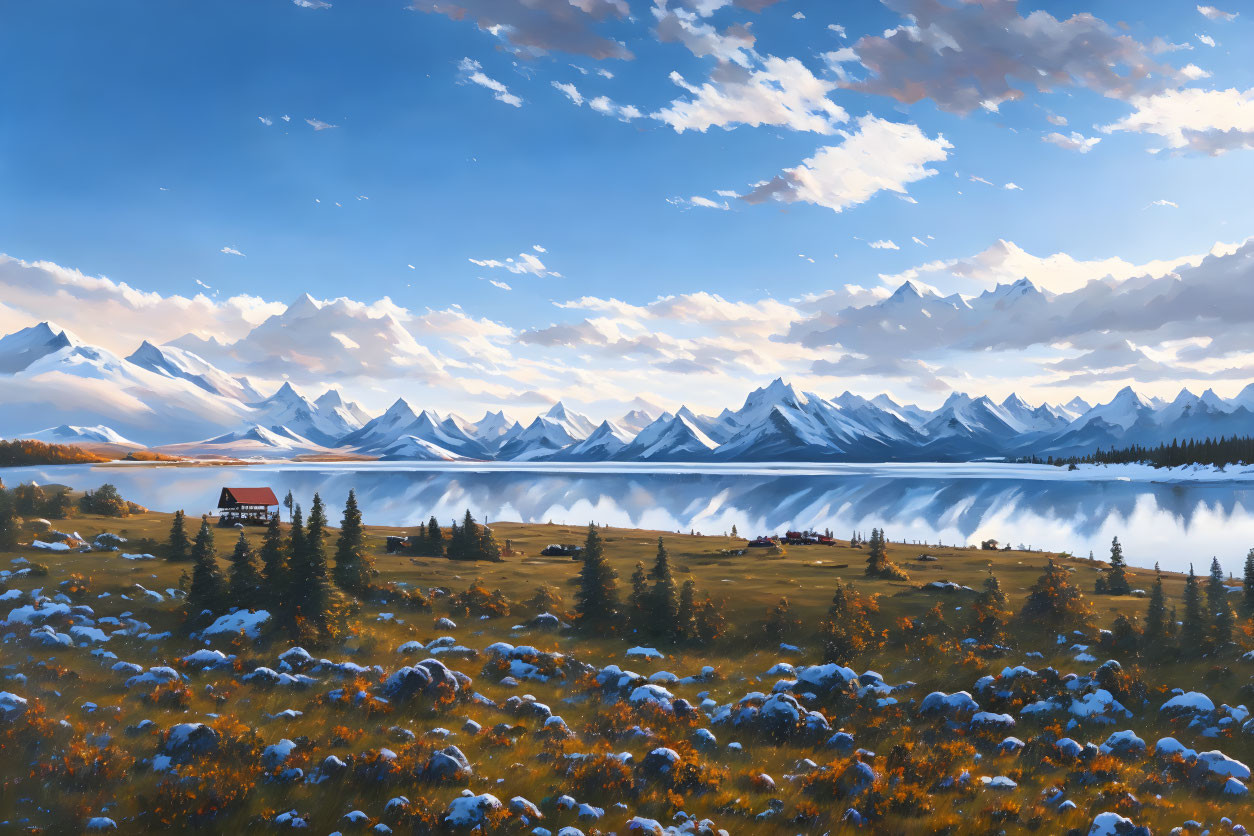 Tranquil landscape with blue lake, snowy mountains, red-roofed cabin, grassy fields