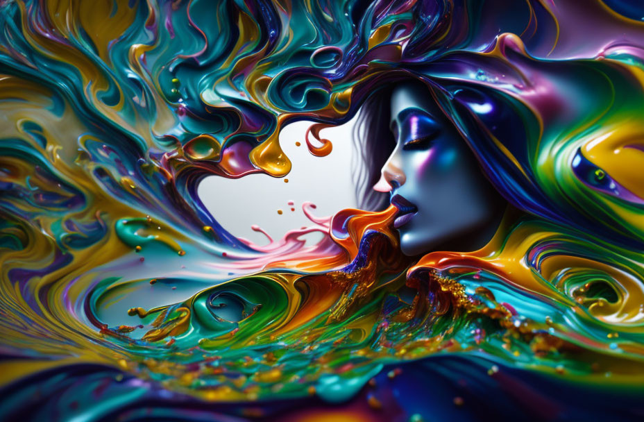 Colorful Liquid Forms Woman's Profile with Dynamic Shapes