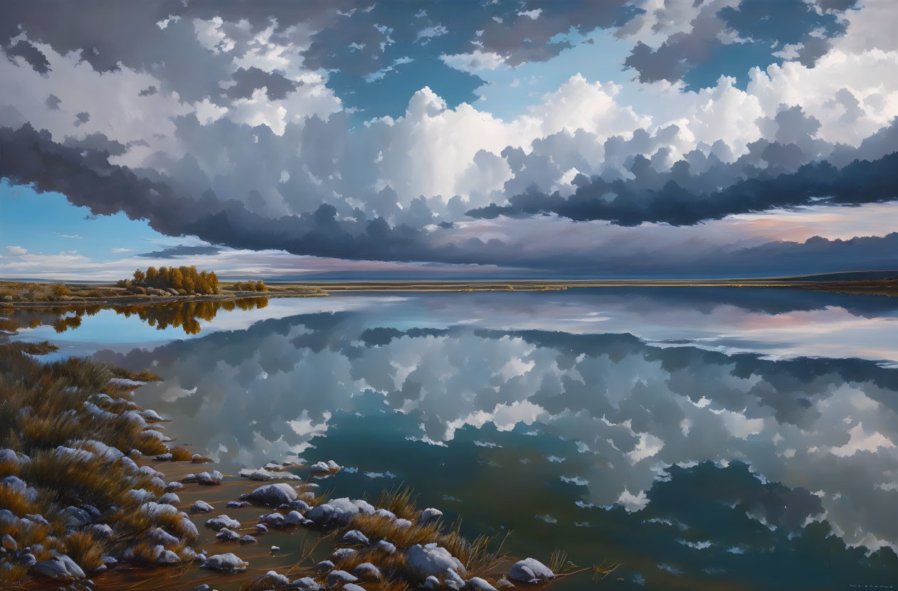 Tranquil landscape with mirror-like lake and dramatic sky