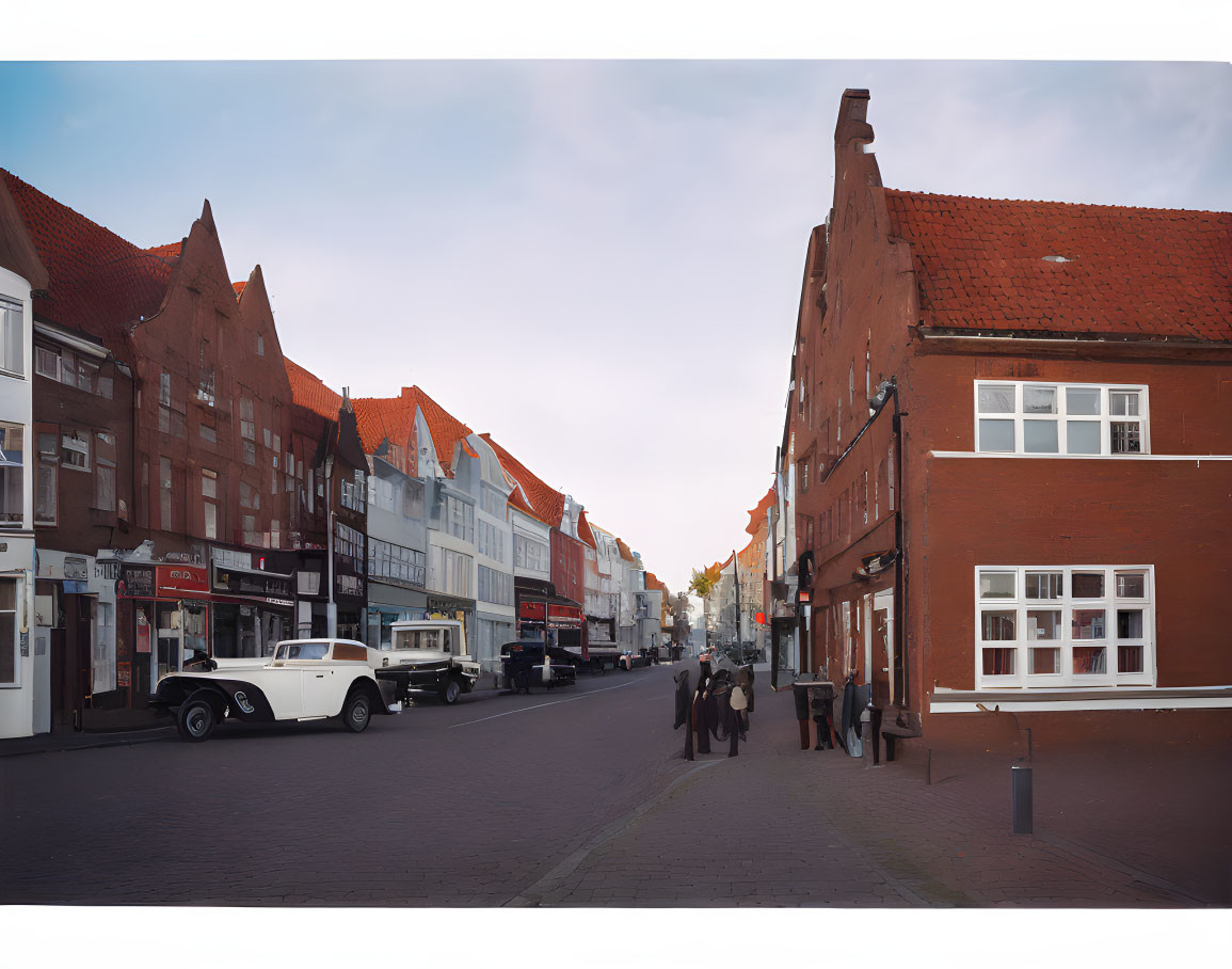 European Street Scene with Traditional Buildings and Vintage Car