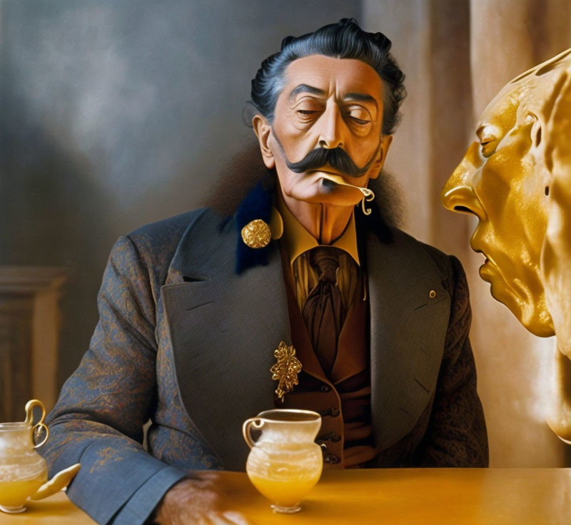 Man with Mustache in Suit and Bow Tie at Table with Golden Face Sculpture and Teacups