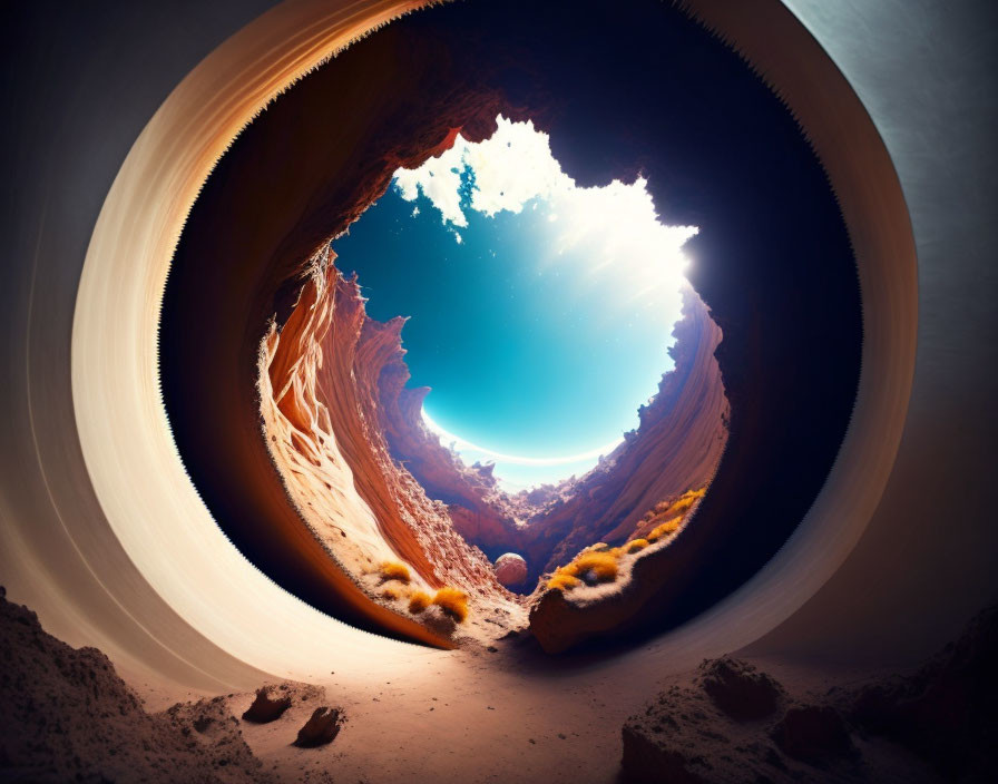 Sunlit fisheye view of narrow rocky canyon opening to blue sky