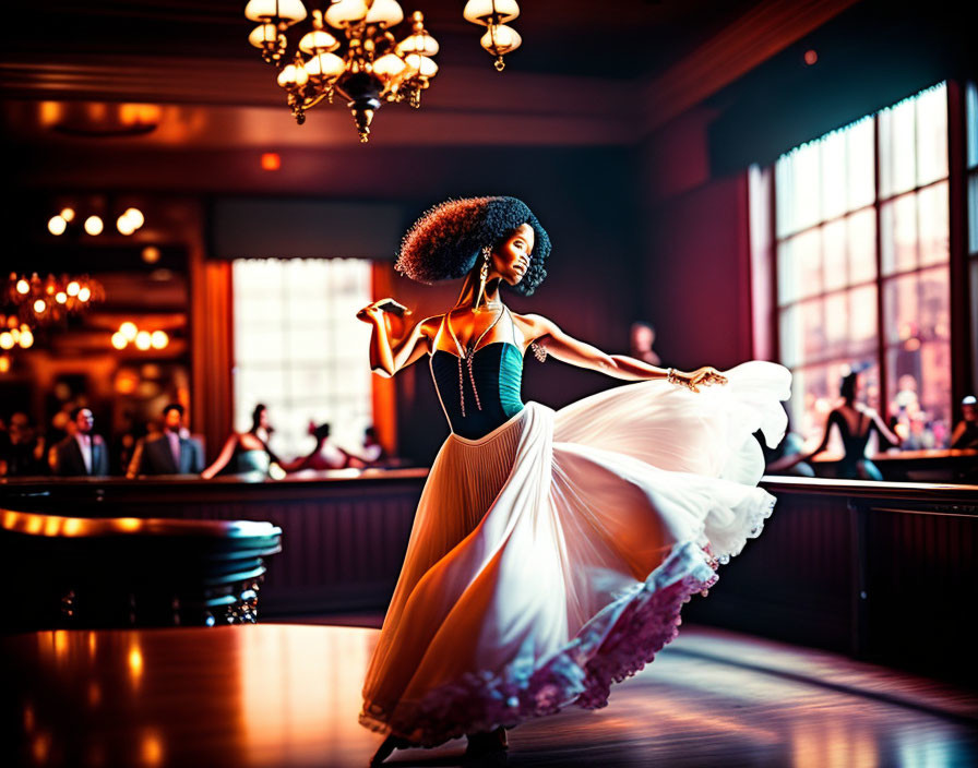 Elegant woman twirling in bright room with chandeliers