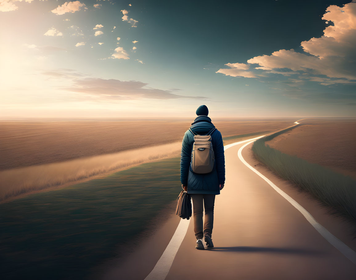 Solitary figure on curving road in serene landscape at sunset