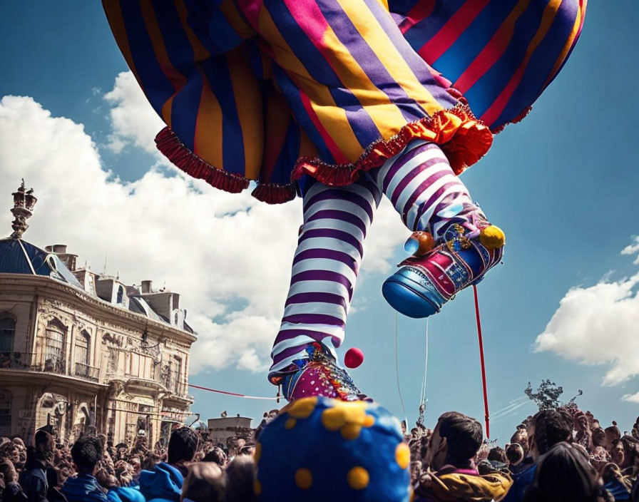 Oversized colorful clown marionette puppeteers under blue sky