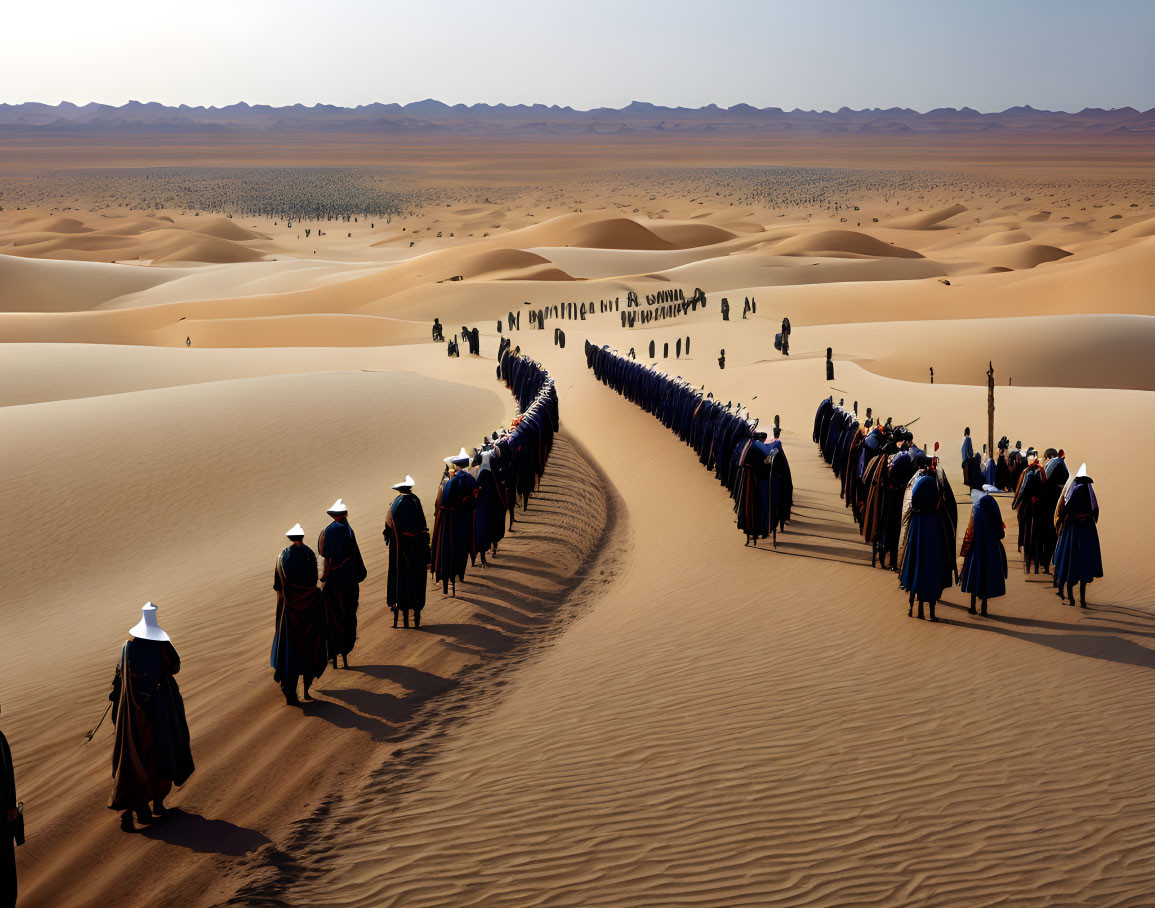 Traditional-robed procession crossing desert dunes under clear sky