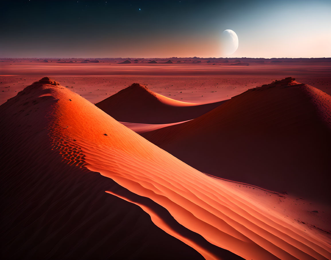 Tranquil desert landscape with crescent moon and orange dunes