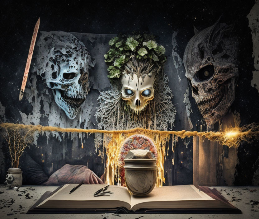 Three spooky masks above an open book in eerie, mystical scene