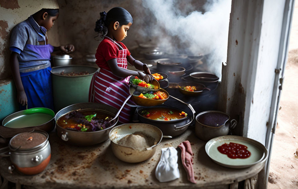 Children cooking in kitchen with pots, steam, and ingredients