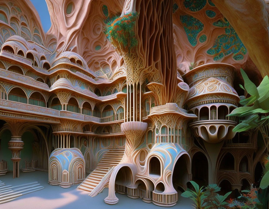 Intricate organic architecture with tree-like pillars and circular doorways