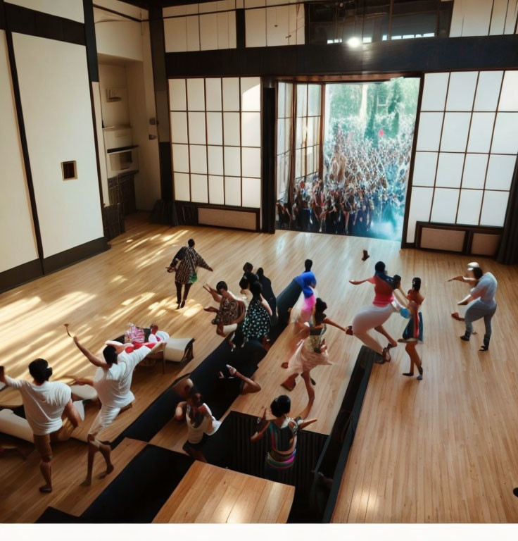 Diverse people in dance class with nature mural in spacious studio