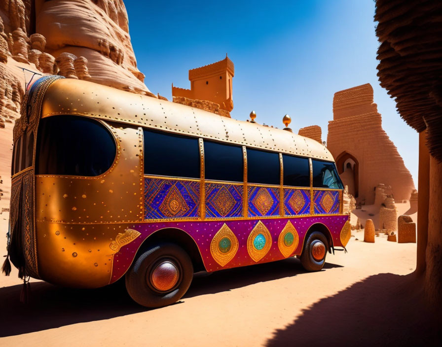 Colorful bus with traditional patterns parked in desert ruins