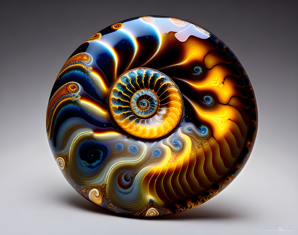 Intricate Blue, Gold, and Brown Fractal Design on Glossy Spherical Object