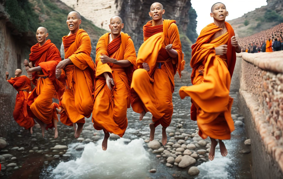 Smiling monks in orange robes jumping over river with green cliffs