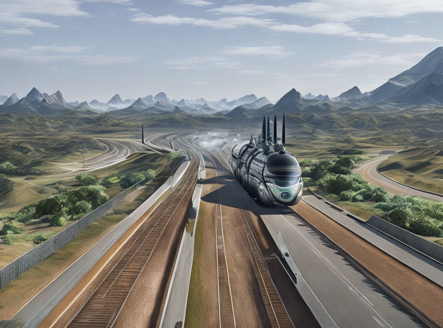 Futuristic train speeding through rolling hills and advanced infrastructure