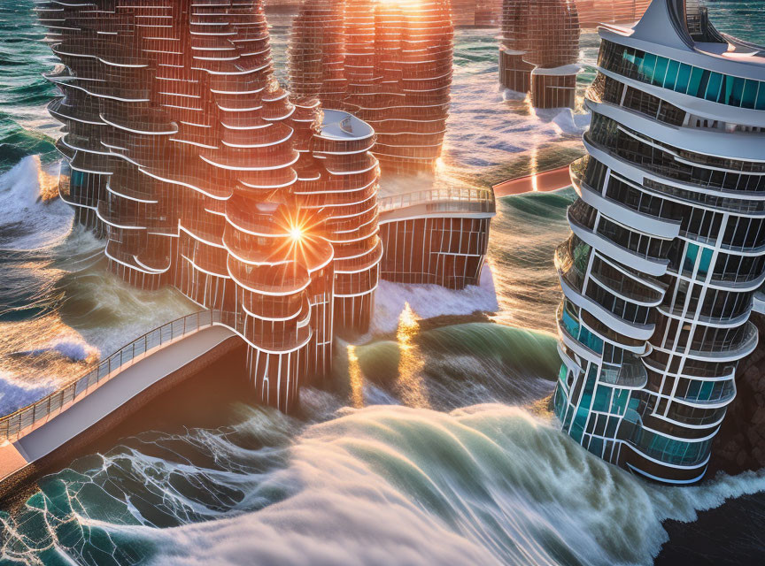 Futuristic cityscape with cascading buildings under sunlight amidst turbulent waves