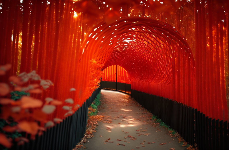 Red tunnel with cascading lights and fallen leaves path