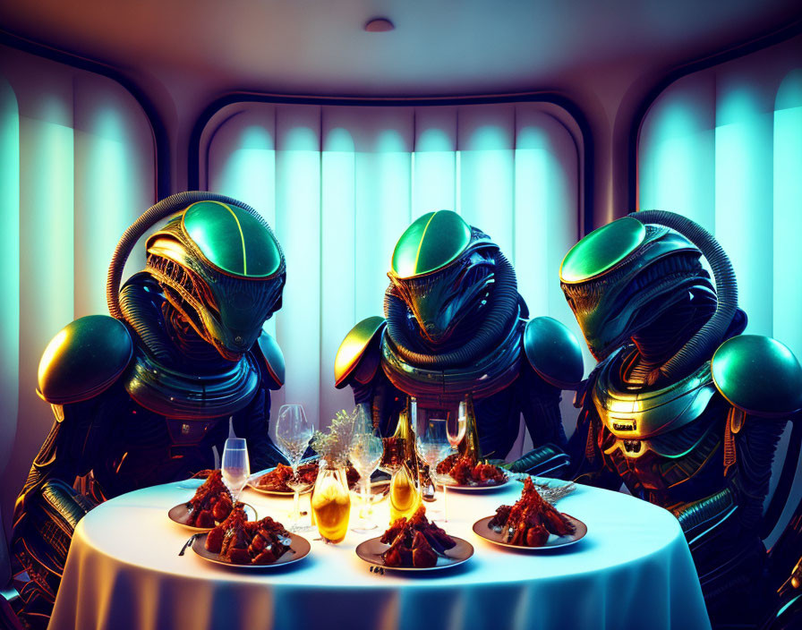 Alien creatures dining at table in blue-lit room