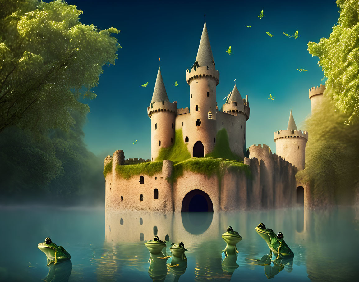 Whimsical castle with turrets, water, frogs, butterflies, and sunlit trees