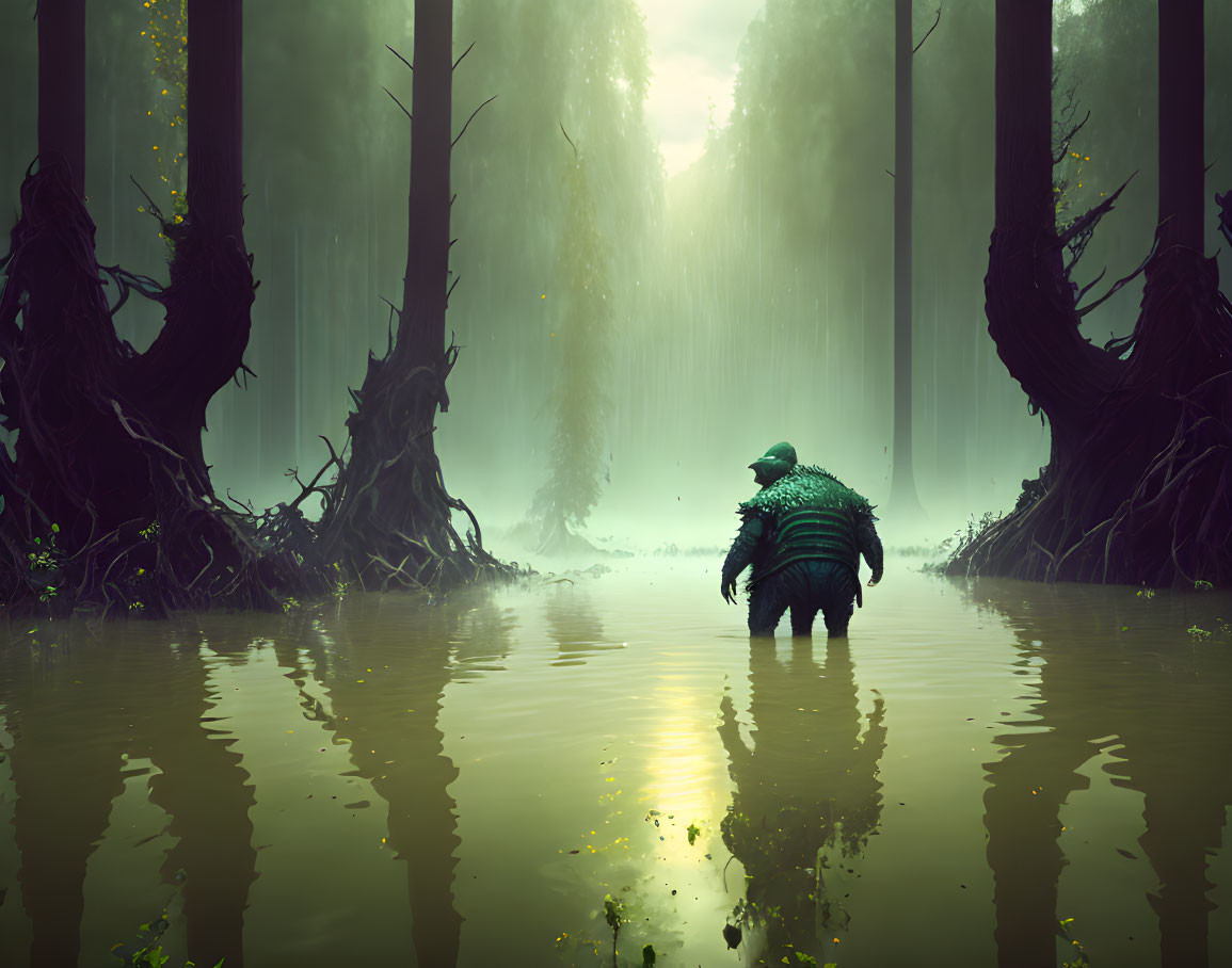 Misty forest swamp with solitary figure in cloak