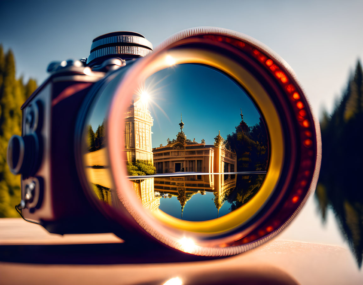 Classical building reflected in large DSLR lens with sun flare and trees.