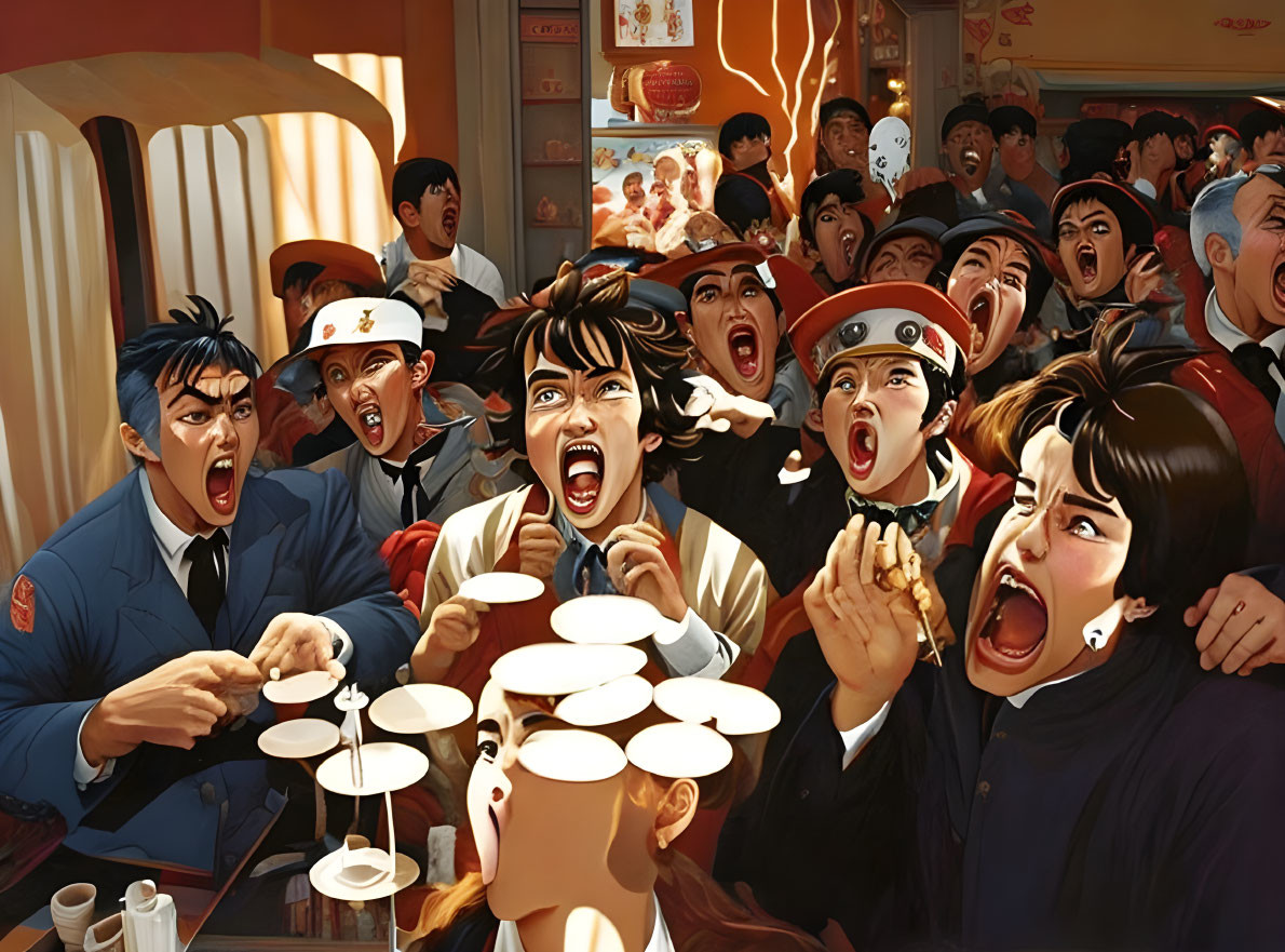 Crowded and dynamic café scene with excited individuals.