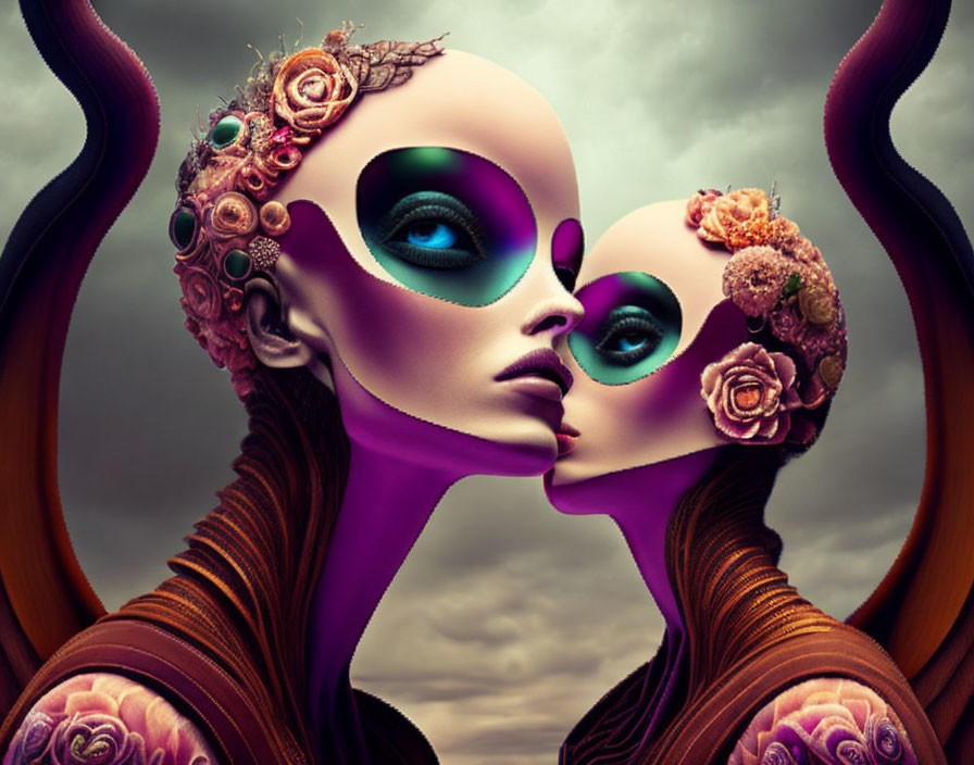 Digital artwork: Surreal humanoid figures with elongated necks and floral heads.