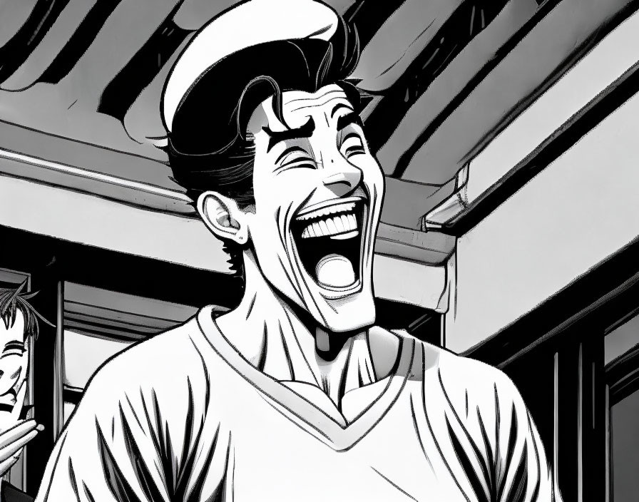 Monochrome illustration of man in beret & v-neck, laughing with exaggerated features