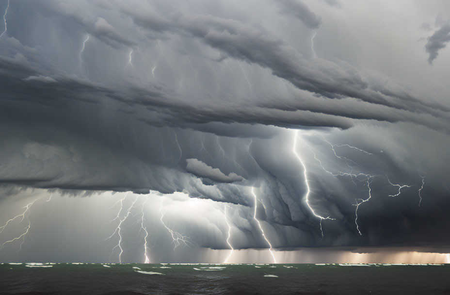 Dramatic ocean storm with dark clouds and lightning bolts