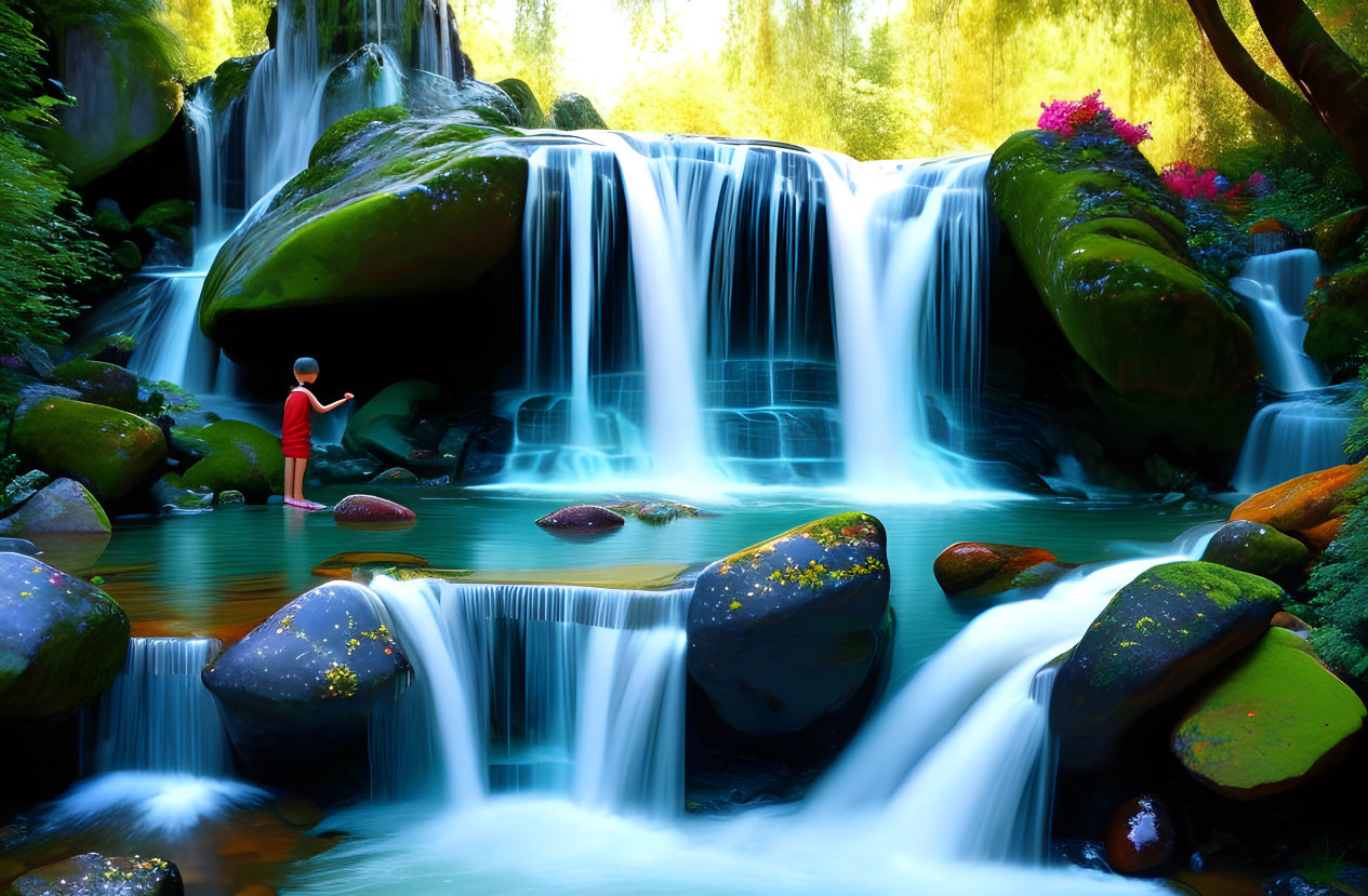 Person in red by lush waterfall with flowers