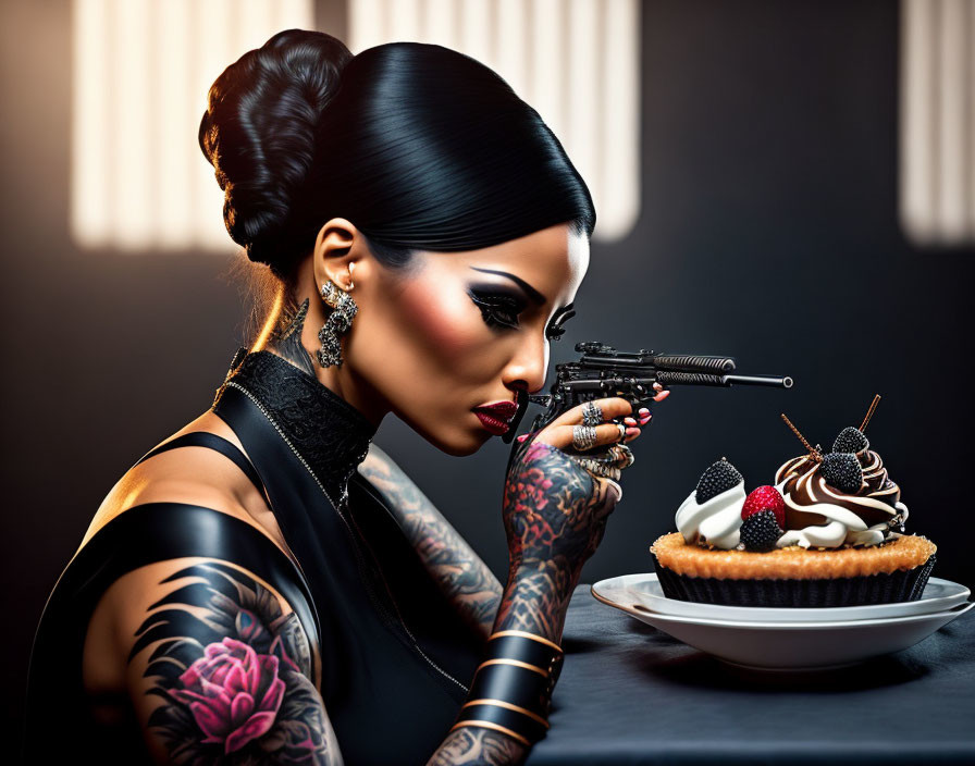 Tattooed woman aiming handgun at dessert with dramatic lighting