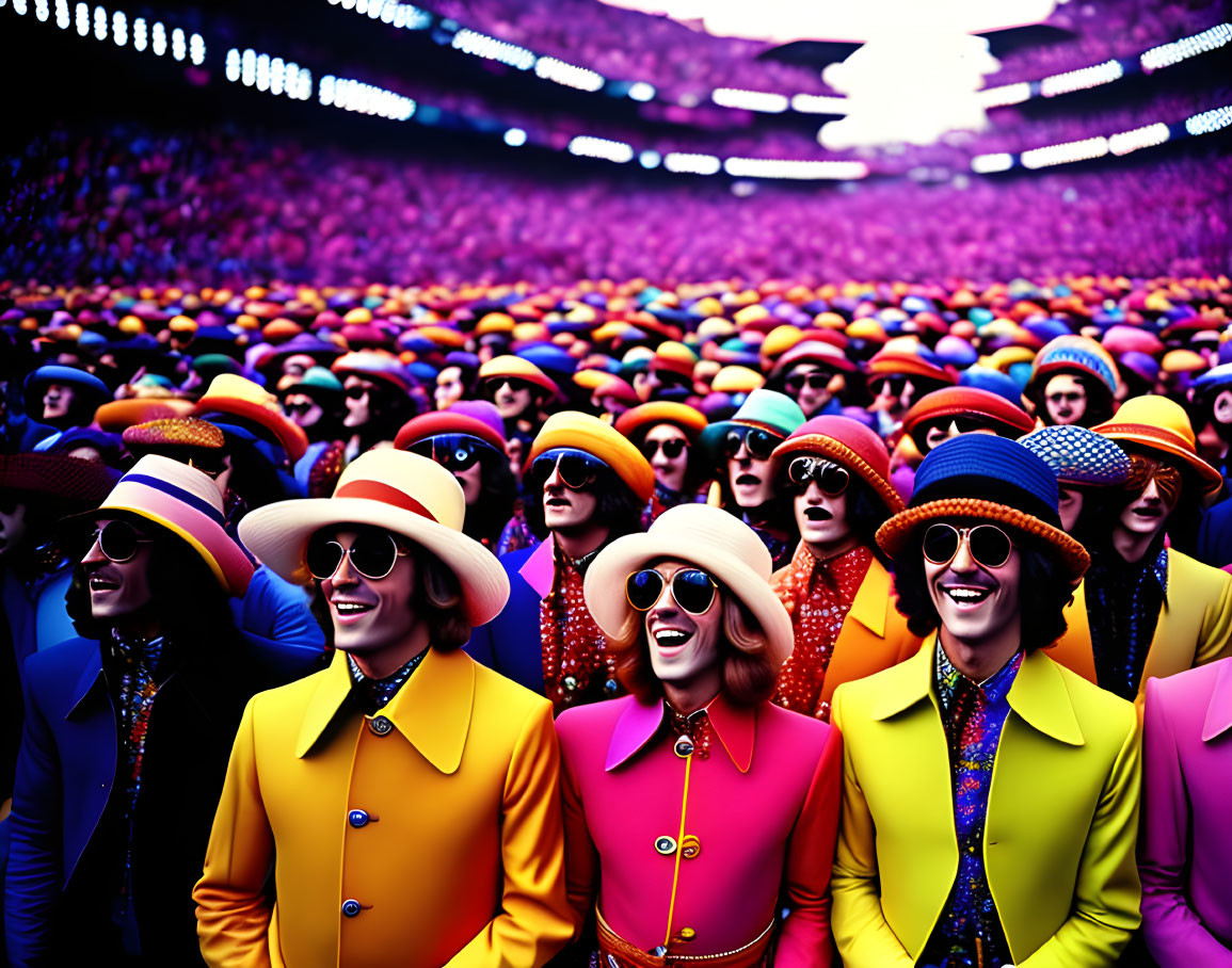 Colorful Crowd at Stadium Event Smiling in Yellow Jackets and Hats