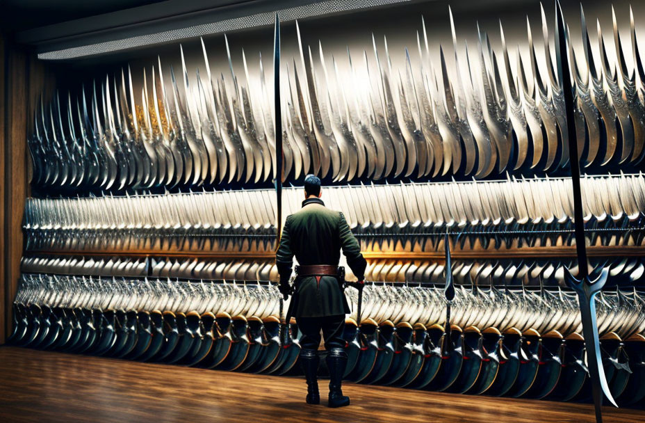 Person in Cap and Jacket Viewing Illuminated Swords Display in Modern Room