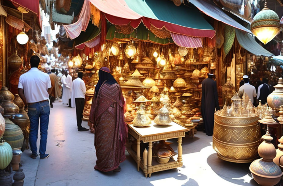 Vibrant market scene with golden lamps and pottery stalls